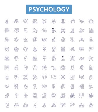 Psikoloji çizgisi simgeleri, işaretler. Psikoloji, Akıl, Beyin, Duygu, Davranış, Bilişsellik, Geliştirme, Kişilik, Motivasyon vektör çizimleri Koleksiyonu.