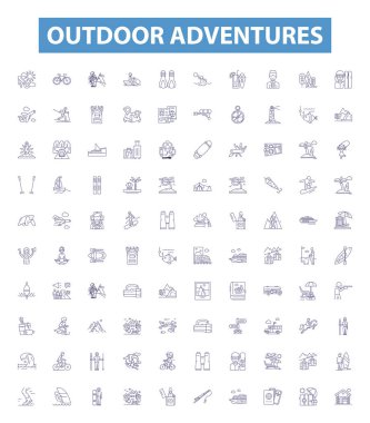 Açık hava maceraları çizgi simgeleri, tabelalar hazır. Trekking, Yürüyüş, Kamp, Kayak, Kano, Kaya Tırmanışı, Dağ Bisikleti, İniş, Yelkenli taşıyıcı çizimleri.