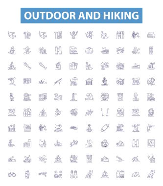 Açık hava ve yürüyüş hattı simgeleri, tabelalar hazır. Yürüyüş, Açık Hava Koleksiyonu, Kamp, İzler, Sırt Çantası, Dağ, Macera, Tırmanma, Trek çizim çizimleri.