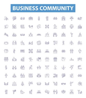 Business community line icons, signs set. Collection of Business, Community, Networking, Connecting, Engaging, Collaborating, Interacting, Linking, Uniting outline vector illustrations. clipart