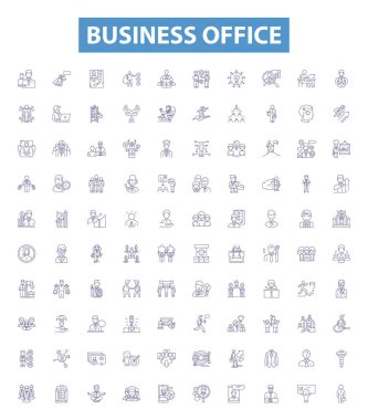 İş yeri çizgisi simgeleri, tabelalar. Ofis, İş, Ticaret, Masa, Mobilya, Ekipman, Dosyalar, Sandalyeler, Tedarik Resimleri.