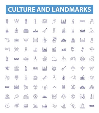 Culture and landmarks line icons, signs set. Collection of tradition, heritage, architecture, sculpture, monuments, art, ritual, folklore, customs outline vector illustrations. clipart