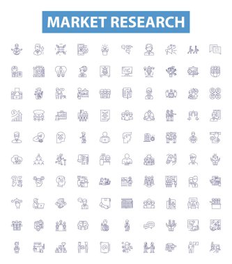 Pazar araştırma çizgisi simgeleri, tabelalar hazır. Pazar, Araştırma, Analiz, Anketler, Tüketiciler, Markalar, Ürünler, Eğilimler, İç görü vektör çizimleri Koleksiyonu.