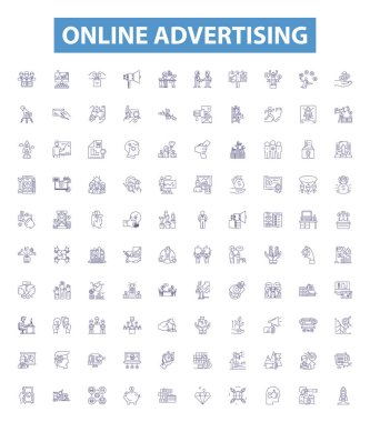 Online advertising line icons, signs set. Collection of Digital, Ads, Internet, Promotions, Marketing, Optimization, Placement, Branding, Retargeting outline vector illustrations. clipart