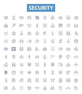 Güvenlik çizgisi simgeleri, tabelalar hazır. Güvenli, Koruma, Korumak, Güçlendirmek, Korumak, Korumak, Korumak, Korumak, Kilitlemek, Korumak, Korumak,.