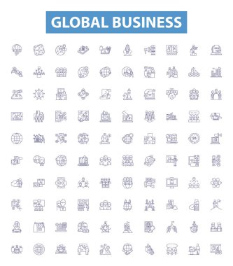 Küresel iş alanı simgeleri, tabelalar hazır. Global, Business, International, Commerce, Marketing, Economy, Trade, Finans, Yatırım ana hatları vektör çizimleri.