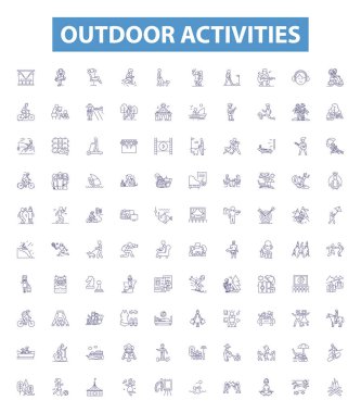 Açık hava aktiviteleri çizgi simgeleri, tabelalar hazır. Yürüyüş, Kayak, Kamp, Sörf, Kano, Tırmanma, Balıkçılık, Kayak, Bisiklet Resimleri.
