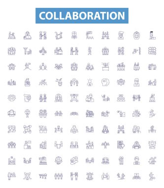 İşbirliği çizgisi simgeleri, tabelalar hazır. İşbirliği, Ortaklık, Takım Çalışması, İttifak, Senkronizasyon, Koordinasyon, Ortak çaba, Sinerji, Bağlantı vektör çizimleri.