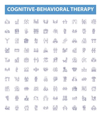 Bilişsel-davranışsal terapi çizgisi simgeleri, işaretler hazır. Bilişsel Davranış Koleksiyonu, Terapi, CBT, Düşünme, Düşünceler, Duygular, Davranışlar, Bilişsal, Taslak vektör çizimlerini Değiştir.