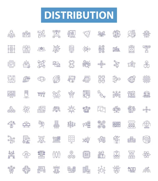 Distribution Line Icons Signs Set Collection Distribute Disseminate Allocate Circulate — Stock Vector