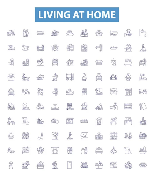 Living Home Line Icons Signs Set Collection Dwelling Residing Habiting — Stock Vector
