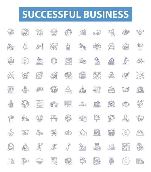 Successful Business Line Icons Signs Set Collection Profitable Rewarding Fulfilling — Stock Vector