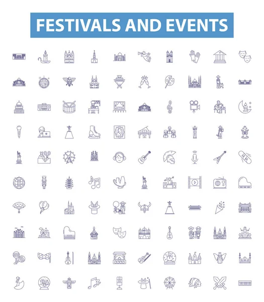 Festivals Événements Ligne Icônes Panneaux Ensemble Collection Défilés Galas Concerts — Image vectorielle
