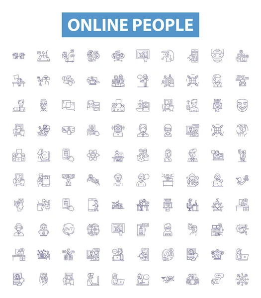 人们在网上排起图标 设置标志 互联网的收集 网络工作者 冲浪者 消费者 观看者 购买者 互动者 参与者概述矢量图解 — 图库矢量图片