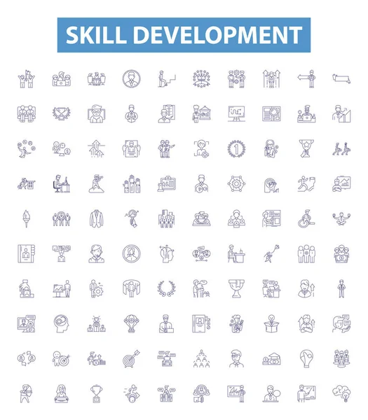 Skill Development Line Icons Signs Set Collection Training Coaching Learning — Stock Vector