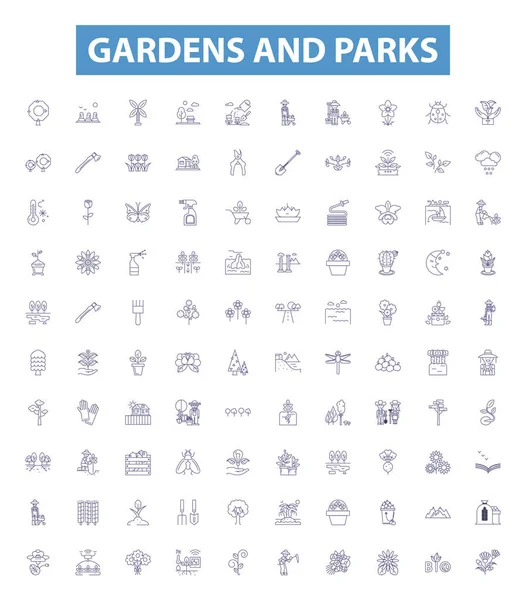 庭園や公園のラインアイコン 標識を設定します 低木のコレクションアウトラインベクトルイラスト — ストックベクタ