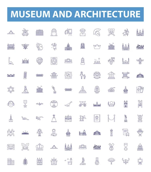 Museum Architecture Line Icons Signs Set Collection Museum Architecture Exhibition — Stock Vector