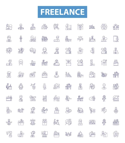 Freelance Line Icons Signs Set Collection Freelancer Contractor Outsourcing Remote — Stock Vector
