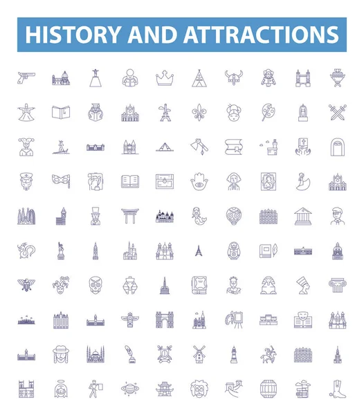 stock vector History and attractions line icons, signs set. Collection of History, Attractions, Heritage, Landmarks, Preservation, Sightseeing, Tours, Monuments, Sites outline vector illustrations.