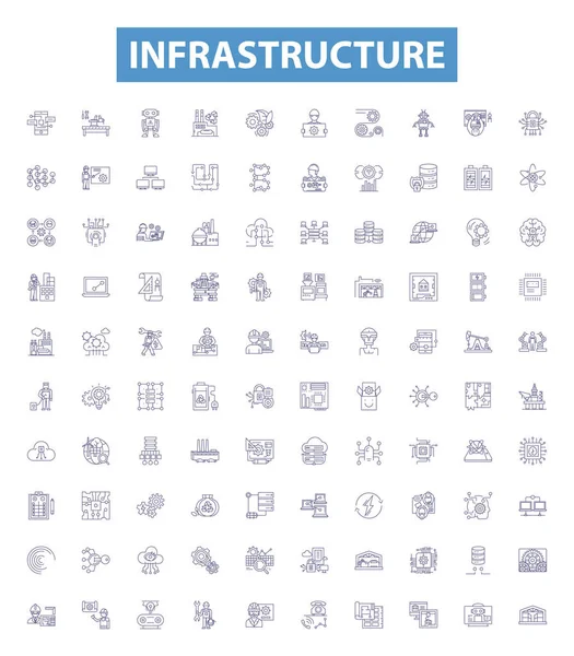 Infrastructure Line Icons Signs Set Collection Buildings Roads Bridges Sewers — Stock Vector