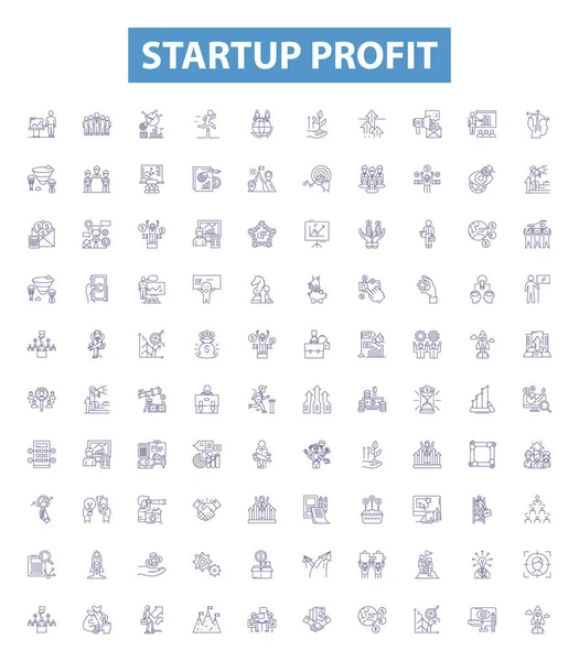 Startup Profit Line Icons Signs Set Collection Profitability Profits Revenue — Stock Vector