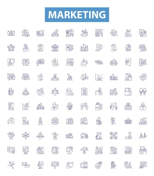Marketing Line Icons Signs Set Collection Advertising Promotion Selling Branding — Stock Vector