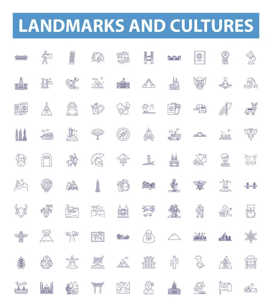 stock vector Landmarks and cultures line icons, signs set. Collection of Landmarks, Cultures, Heritage, Sites, Ruins, Attractions, Monuments, Traditions, Symbols outline vector illustrations.