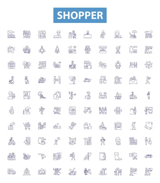 Shopper Lijn Pictogrammen Borden Ingesteld Collectie Van Shopper Koper Consument — Stockvector