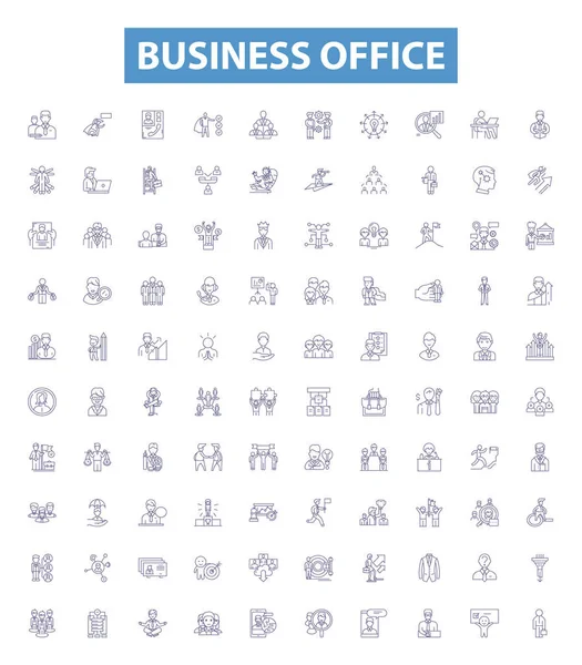Иконки Офисных Линий Таблички Коллекция Офисных Бизнес Коммерческих Письменный Стол — стоковый вектор