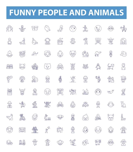 Funny People Animals Line Icons Signs Set Collection Humorous Comical — Stock Vector