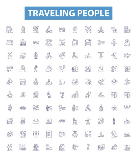 Viajar Personas Línea Colección Iconos Travellers Voyagers Roamers Explorers Adventurers — Vector de stock