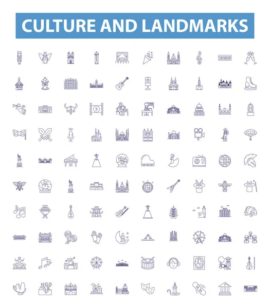 Culture Landmarks Line Icons Signs Set Collection Tradition Heritage Architecture — Stock Vector