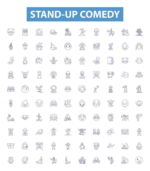 スタンドアップコメディラインのアイコン 標識を設定します ユーモア ジョーク コメディアン スプーフ パンチライン モノローグ ウィッツ リジュールアウトラインベクトルイラストのコレクション — ストックベクタ
