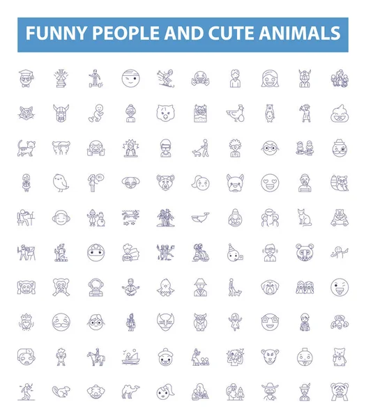 Funny People Cute Animals Line Icons Signs Set Collection Humorous — Stock Vector