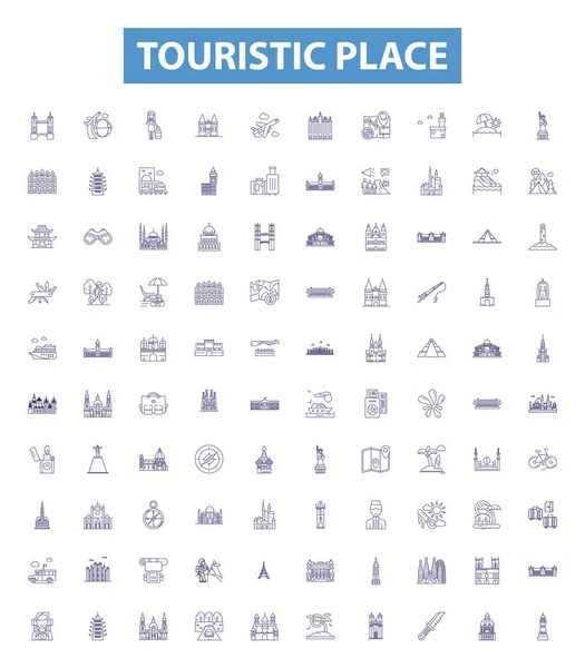 Iconos Línea Lugar Turístico Letreros Establecidos Colección Turista Lugar Destino — Vector de stock