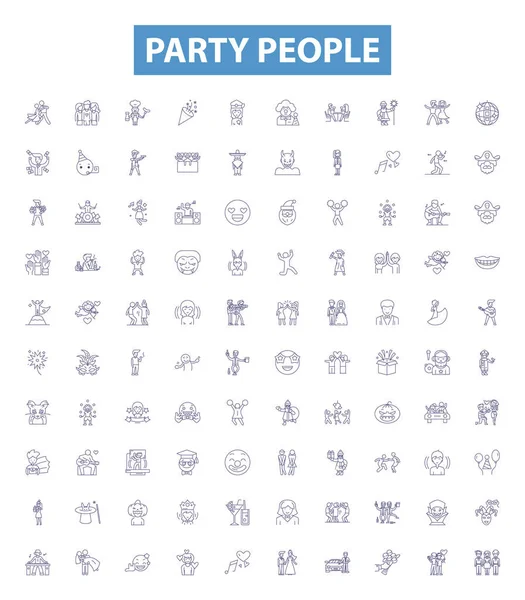 Party People Line Icons Signs Set Collection Festive Revelers Merrymakers — Stock Vector