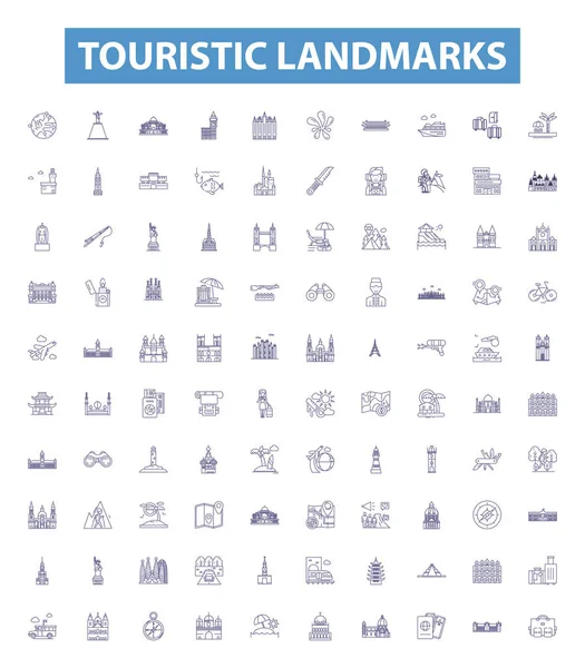 観光ランドマークラインのアイコン 標識を設定します 観光客のコレクション ランドマーク 記念碑 アートワークアウトラインベクトルイラスト — ストックベクタ