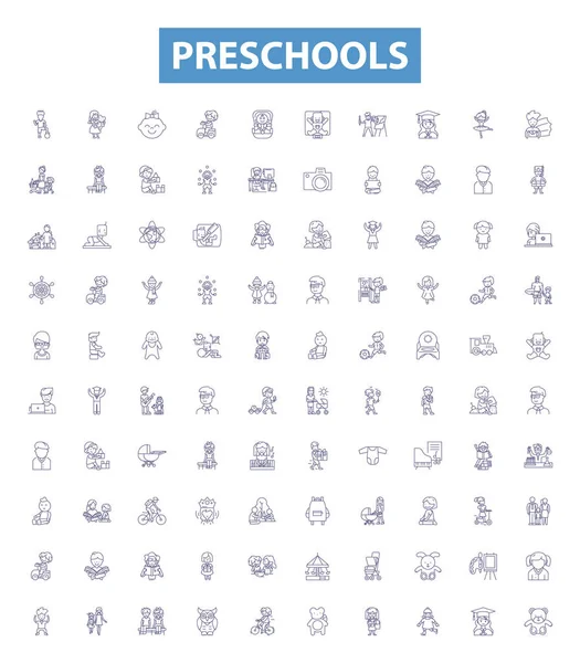 Preschools Line Icons Signs Set Collection Preschools Nurseries Daycares Kindergartens — Stock Vector