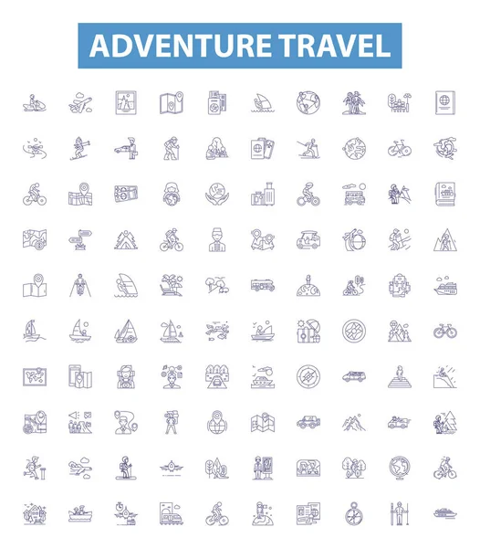 Iconos Línea Viaje Aventura Signos Establecidos Colección Senderismo Trekking Canotaje — Vector de stock