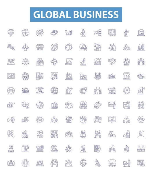 グローバルビジネスラインアイコン 標識セット グローバル ビジネス マーケティング 投資の概要のベクトルイラストのコレクション — ストックベクタ