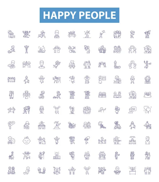 Happy People Line Icons Signs Set Collection Cheerful Joyful Grinning — Stock Vector