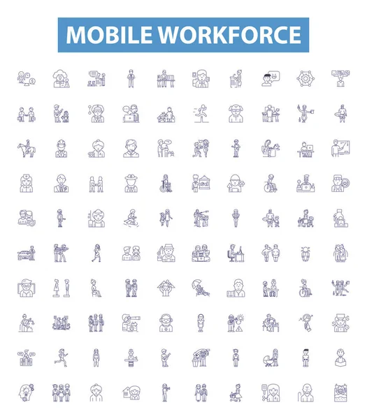 Κινητό Εικονίδια Γραμμή Εργατικού Δυναμικού Πινακίδες Που Συλλογή Mobile Workforce — Διανυσματικό Αρχείο