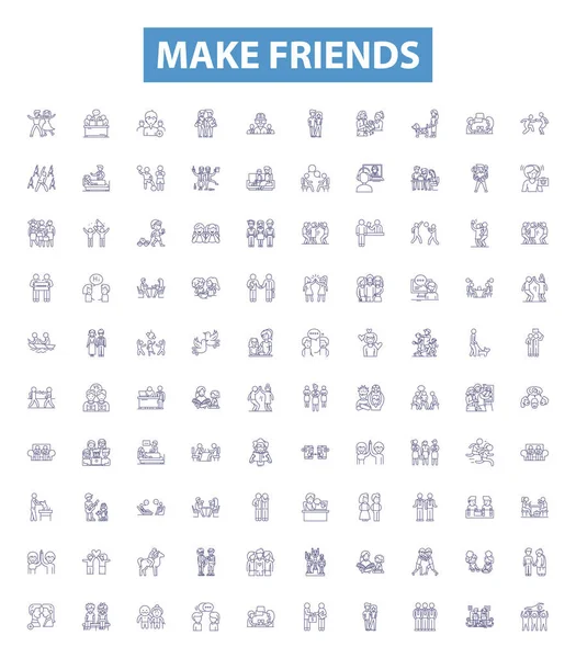 Make Friends Line Icons Signs Set Collection Connect Mingle Socialize — Stock Vector