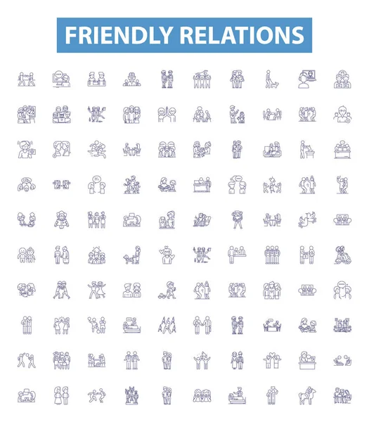 Friendly Relations Line Icons Signs Set Collection Amicable Cordial Chummy — Stock Vector