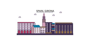 İspanya, Girona şehir simgeleri, vektör şehir turizmi illüstrasyonu