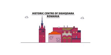 Romanya ve Sighisoara seyahat simgeleri, vektör kent illüstrasyonu