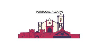 Portekiz, Algarve seyahat simgeleri, vektör şehir turizmi illüstrasyonu