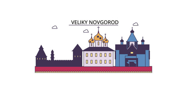 Russia, Veliki Novgorod travel landmarks, vector city tourism illustration