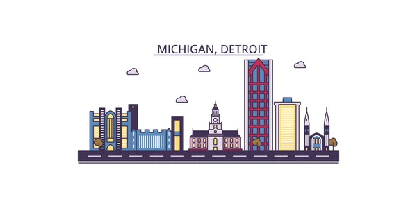 Estados Unidos Detroit Monumentos Viaje Vector Ciudad Turismo Ilustración — Vector de stock