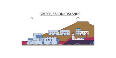 Yunanistan ve Saronik Adaları seyahat simgeleri, vektör kent illüstrasyonu